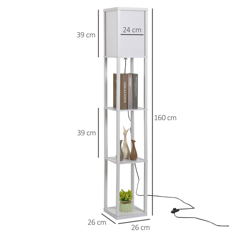 Lâmpada de assoalho de madeira com 3 prateleiras para sala de estar potência máxima do bulbo E27 40W 26x26x160 cm branco