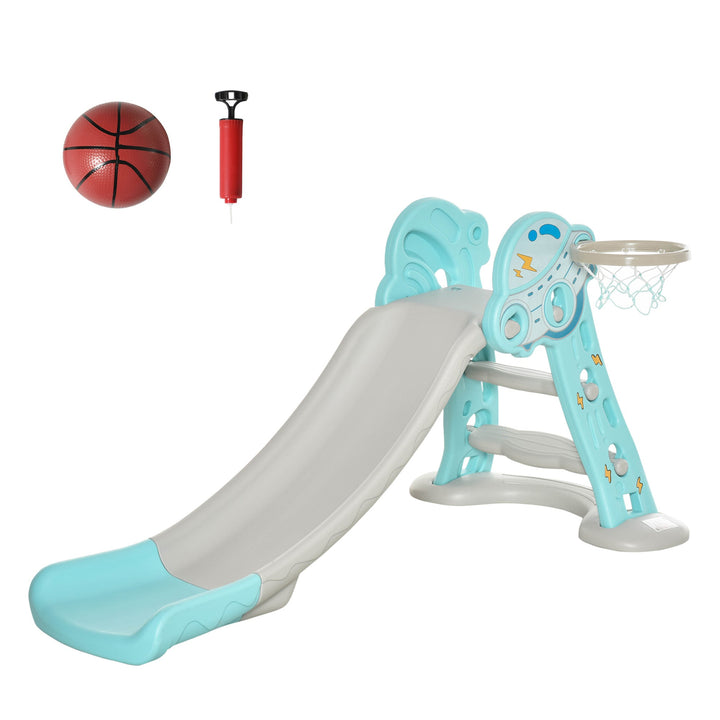 Escorrega Infantil Dobrável com Cesta de Basquetebol para Crianças acima de 18 meses Modelo Disco Voador para Interiores e Exteriores 140x87x75cm Azul e Cinza
