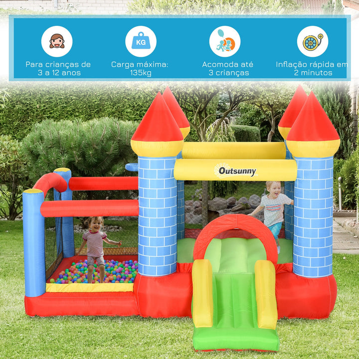 Castelo inflável infantil com escorrega cama de salto insuflador e bolsa de transporte para interior e exterior 300x275x210 cm Multicolor