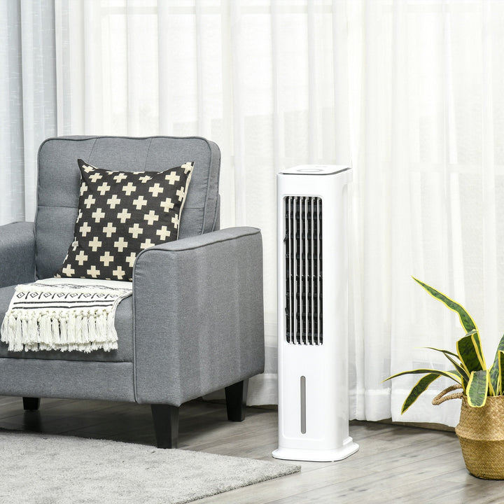 Ventoinha de Torre Altura 86cm Oscilante com Controle Remoto Depósito de Água 5L 3 Modos 3 Velocidades Temporizador de 12h e Tela LED Tátil 23x29x86cm Branco