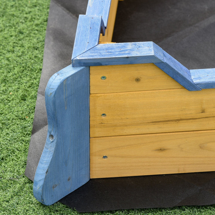 Caixa de Areia Infantil de Madeira Desenho de Galeão com Assento 2 Degraus Bandeira Vermelha e Leme Caixa de Areia de Jardim para Crianças acima de 3 Anos 158x78x45,5cm Natural