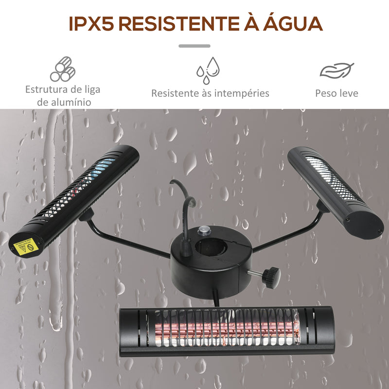 Aquecedor Elétrico de Exterior com 3 Painéis 1000W Aquecedor de Infravermelhos com Controlo Remoto Proteção IPX5 Liga de Alumínio para Chapéu de Sol Pérgola 87x75x22cm Preto