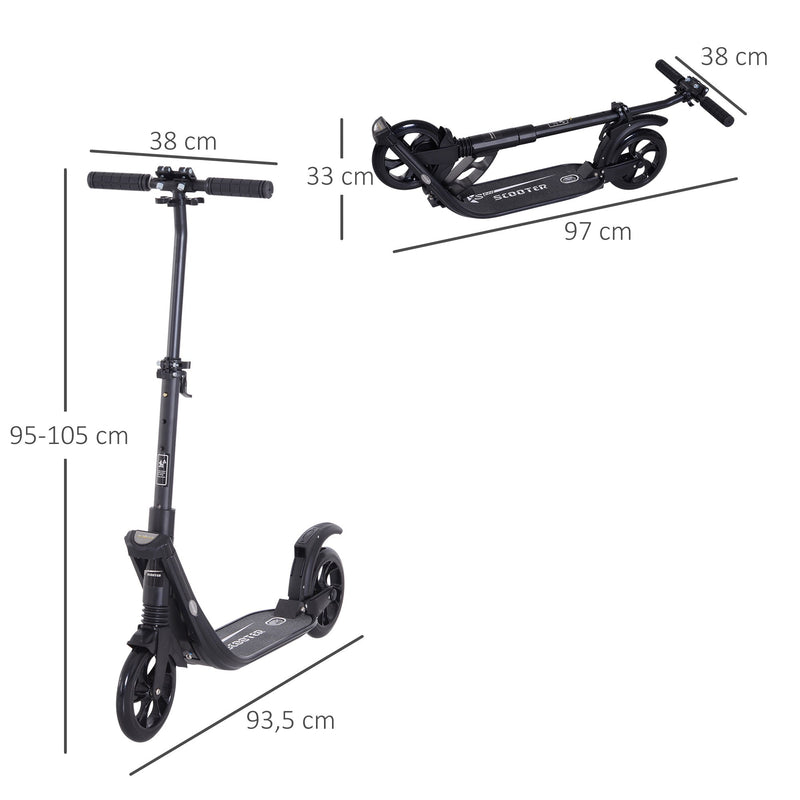 Trotinete Dobrável para Adultos e Crianças acima de 14 anos Guidão com Altura Ajustável Freio Rodas Grandes Carga 100kg 93,5x38x95-105cm Preto