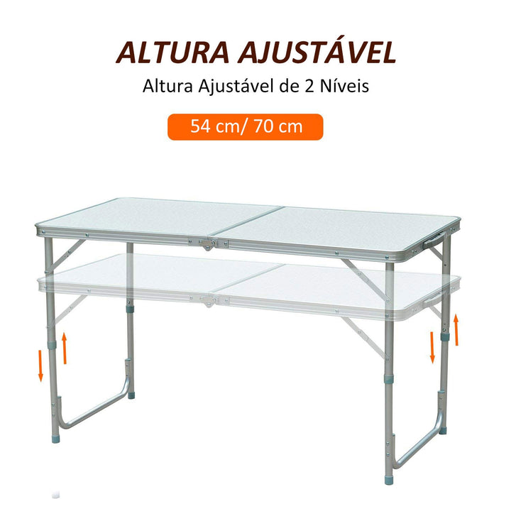 Mesa de acampamento dobrável e conversível com altura ajustável - Cor: Branco - Alumínio e MDF - 120x60x54-70cm