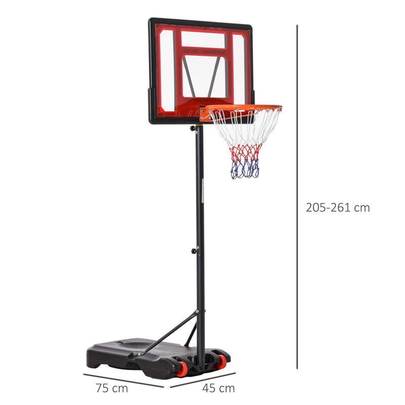 Cesta de Basquetebol Ajustável de 160-210cm Aro de Basquetebol com Suporte de Aço Base Recarregável 2 Rodas para Crianças e Adultos 75x83x261cm Vermelho e Preto