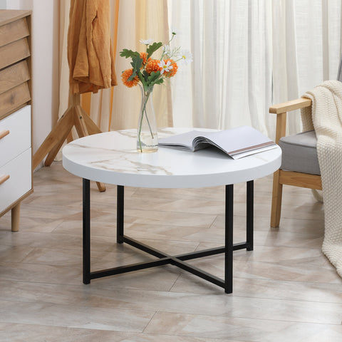 mesa de Centro Mesa de Sala de Estar Redonda com Bancada Similar ao Mármore e Estrutura de Metal para Escritório Estilo Moderno 80x80x45cm Branco e Preto