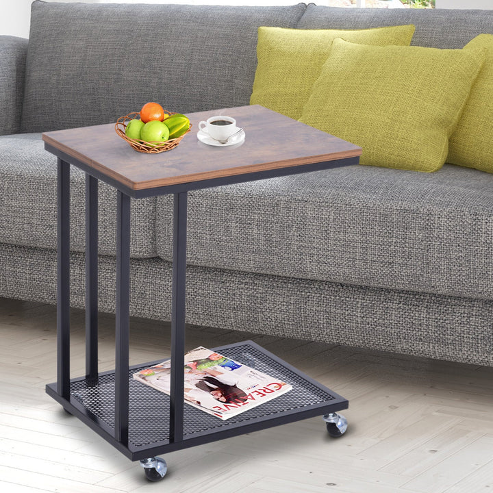 Mesa Auxiliar com Rodas para sofá Estilo Retro de Aço e Madeira 51x36x61 cm