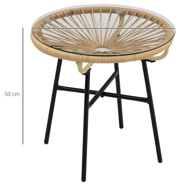 Mesa Auxiliar de Vime Sintético Mesa de Centro Redonda para Exteriores com Bancada de Vidro Temperado e Pés de Metal para Pátio Jardim Varanda Ø50x50 cm Bege e Preto