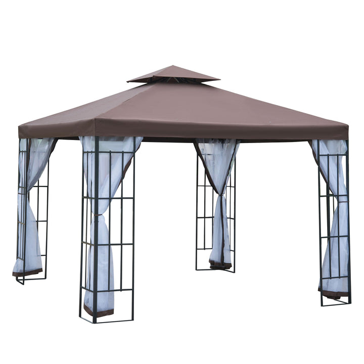 Pérgola de Jardim 3x3m Pérgola para Exterior com Duplo Teto de Ventilação 4 Telas Mosquiteiras Laterais Removíveis e Estrutura de Aço com Proteção Solar para Festas Eventos Café