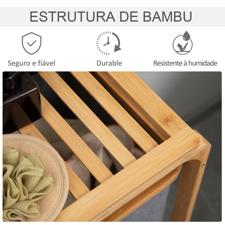 Cesto para Roupa Suja de Bambu Cesto de Roupa com 3 Bolsas de Tecido Amovíveis e Prateleira Aberta para Casa de Banho Dormitório 50x32x69,7cm Cinza e Madeira