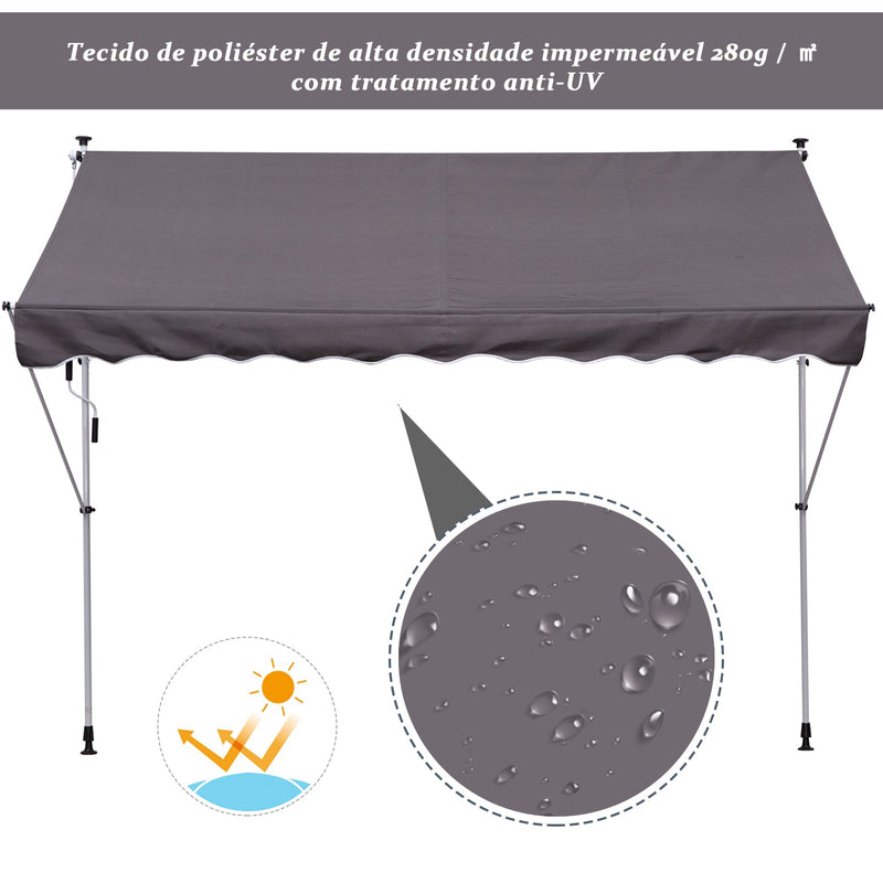 Toldo portátil 200x150x170-280cm Alpendres ou Varandas com Manivela Ajustável Cinza