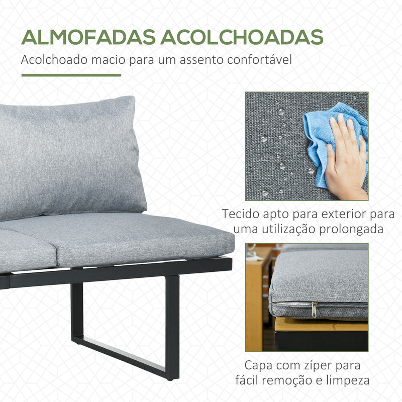 Conjunto Móveis de Jardim de Alumínio 3 Peças Conjunto de Móveis de Exterior Inclui 2 Sofás com Almofadas Mesa de Centro e Painel Lateral para Varanda Cinza e Madeira