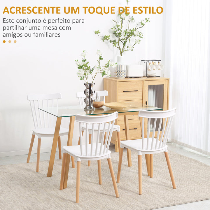 Conjunto de 4 Cadeiras Estilo Nórdico Cadeiras de Cozinha com Encosto Alto Assento de Polipropileno e Pés de Madeira de Faia Carga Máx. 120kg 43x52,5x83cm Branco e Madeira