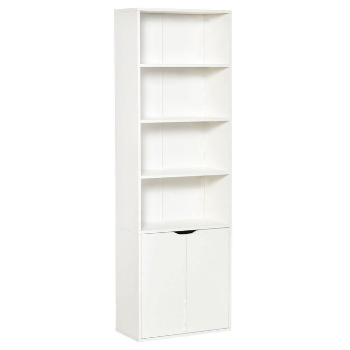 Estante para Livros com 4 Compartimentos Abertos e 1 Armário com 2 Prateleiras Armazenamento Livros Plantas para Sala de Estar Escritório 59x29x180cm Branco