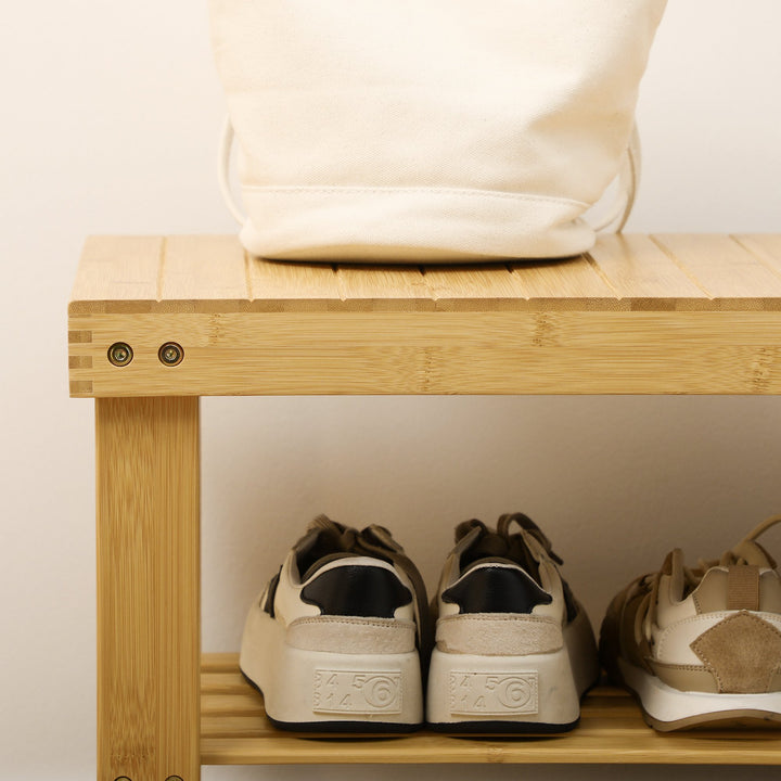 Banco Sapateira de Bambu Sapateira com Assento Organizador de Sapatos com 2 Prateleiras para 6-9 Pares de Sapatos para Entrada Sala de Estar Dormitório 70x28x45 cm Madeira