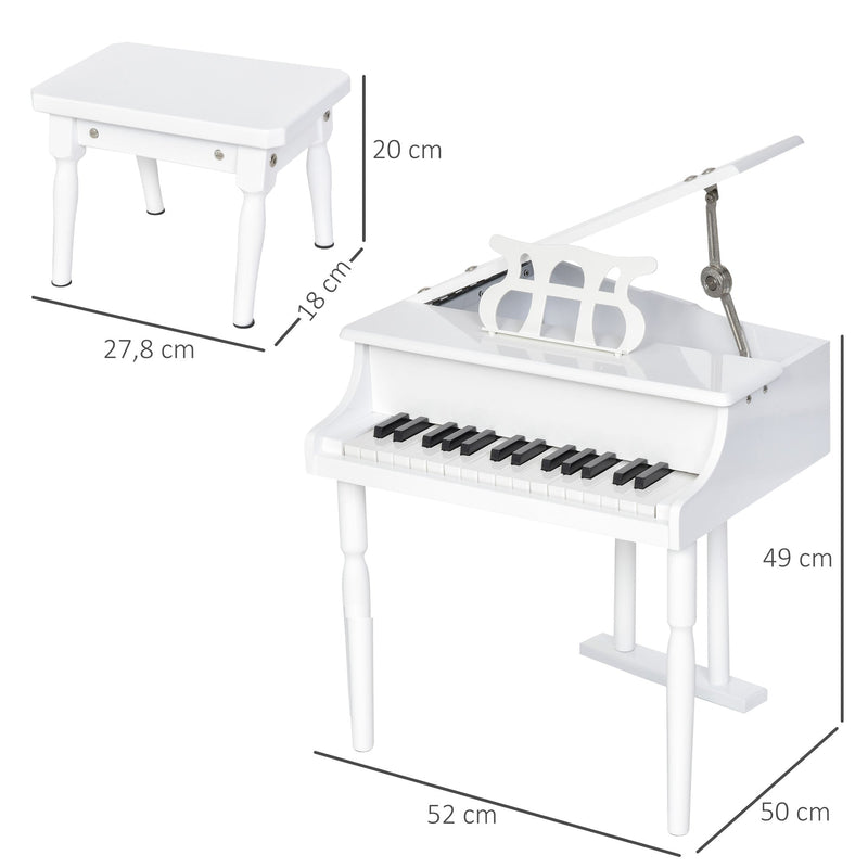 Mini piano infantil com banco 30 teclas com suporte para partitura 52x50x49 cm Branco