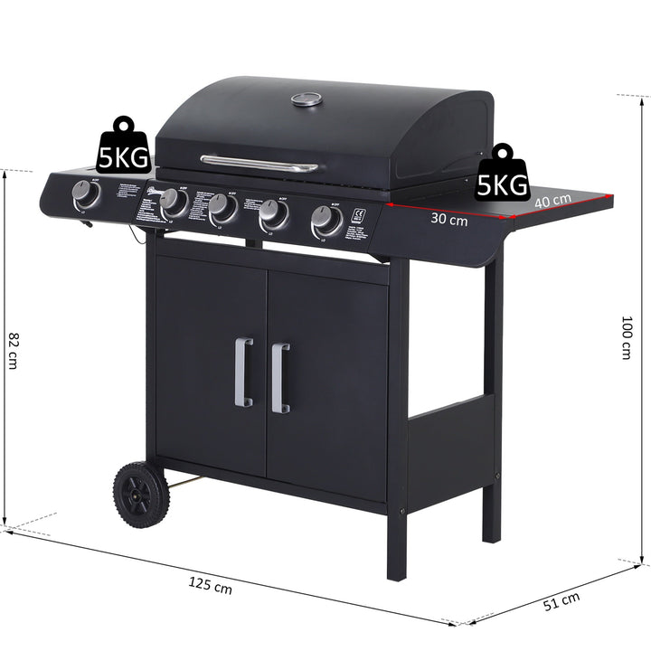 Churrasqueira à Gás com 4+1 Queimadores 14,4KW Mesas Laterais Armário de Armazenamento Termômetro e 2 Rodas Aço Inoxidável 125x51x100cm Preto