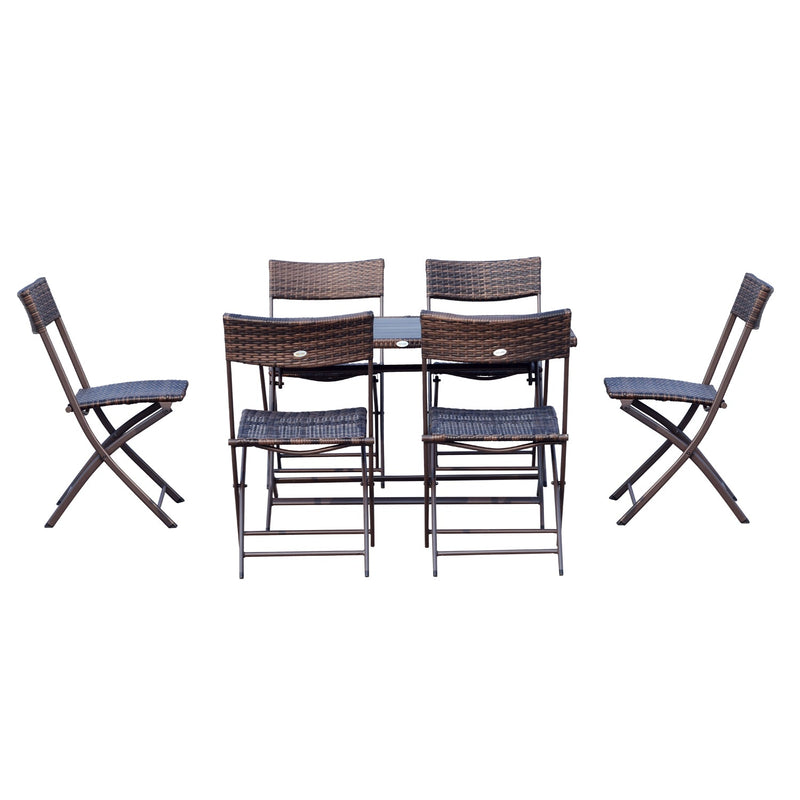 Conjunto de Mesa Cadeiras Móveis Dobrável Vime para Jardim Exterior Pátio Terraço 7 Pcs Aço - Cor Castanho - 61x46x84cm