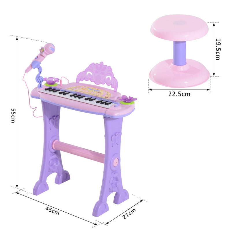 Órgão Eléctrico Infantil 37 Teclas Piano Infantil com Microfone Banquinho Luzes Ritmos Sons MP3 Karaoke Modo Aprender Rosa