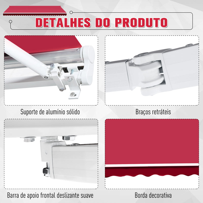 Toldo de Alumínio Manual Dobrável 395x245cm com Manivela para pátio Varanda Jardim e Terraço Tecido de poliéster 280g m² - Vermelho