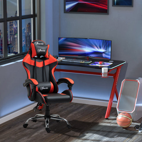 Cadeira Gaming Ergonômica Cadeira para Videojogos Reclinável com Altura Regulável Apoio para a Cabeça e Almofada Lombar 63x67x119-127cm Vermelho e Preto
