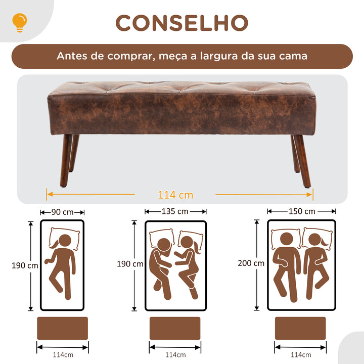 Banco de Pé de Cama Multifuncional Banco Pé de Cama Clássico Banco Dormitório com Pés de Madeira e Assento Acolchoado Carga 120 kg para Entrada Corredor 114x38x42 cm Marrom