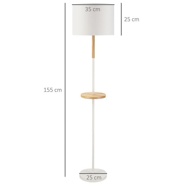 Candeeiro de Pé com Prateleira de Madeira Ecrã de Tecido Suporte para Lâmpada E27 Máx. 40W com Interruptor de Pé Moderno para Sala de Estar Dormitório Estúdio Ø35x155cm Branco