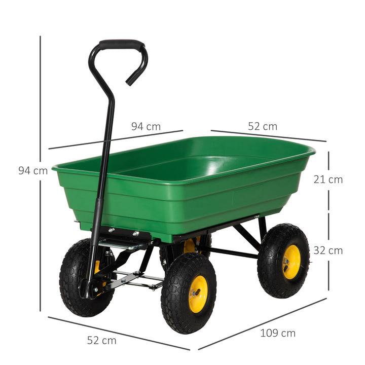 Carrinho de Jardim com Caçamba Inclinável até 75° Carrinho de Mão com Guiador Ajustável e 4 Pneus Capacidade Máxima 75L Aço 109x52x94 cm Verde Escuro
