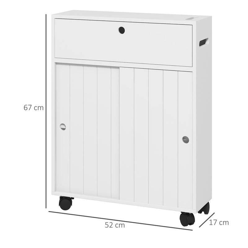 Armário Auxiliar Casa de Banho Moderno Armário Casa de Banho com 4 Rodas 2 Compartimentos para Papel Higiénico Armário e Prateleiras Ajustáveis Móvel Auxiliar de Armazenamento 52x17x67 cm Branco