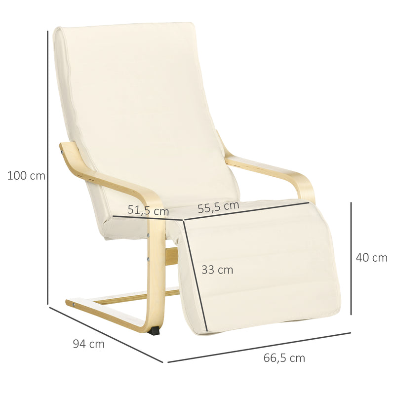 Poltrona Relax com Apoio para os Pés Ajustável Poltrona para Sala de Estar Estofada em Tecido com Estrutura de Madeira Carga 120 kg para Escritório Estúdio Dormitório 66,5x94x100 cm Creme