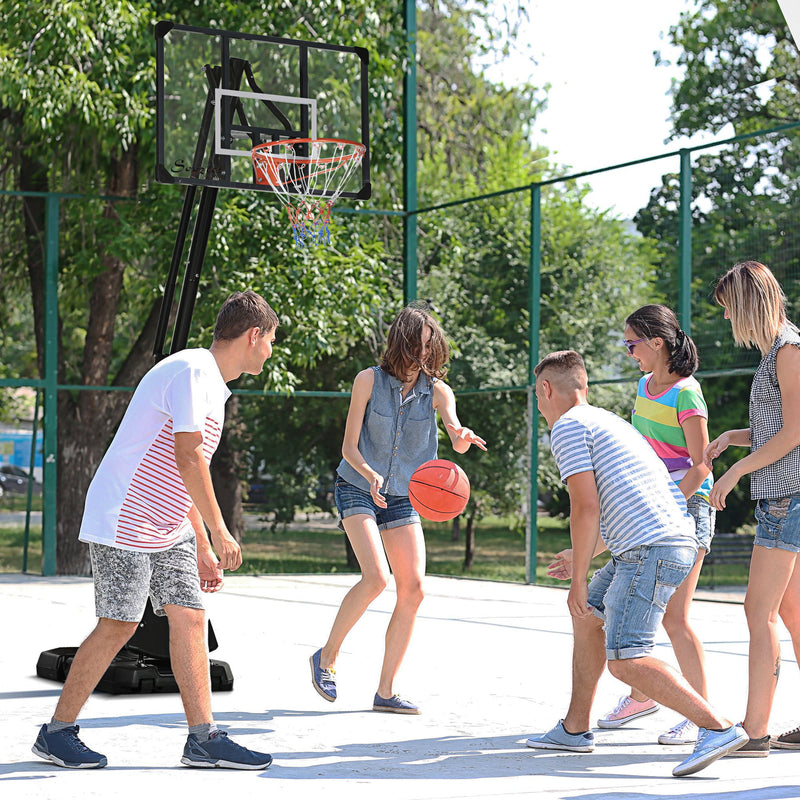 Tabela de Basquetebol com Altura Ajustável 293-350 cm Tabela de Basquetebol com Rodas Base Preenchida com Água ou Areia para Exterior 111x70,5x293-350 cm Preto