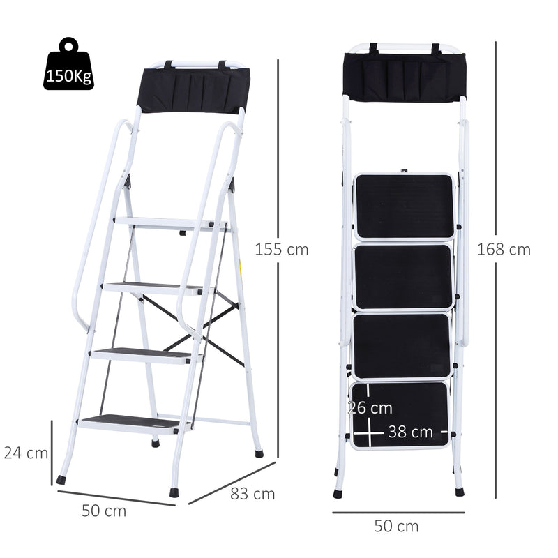 Escada Dobrável com 4 Degraus Escada de Metal com Apoio para os Braços e Suporte para Ferramentas Carga Máxima 150 kg 50x83x155 cm Branco e Preto