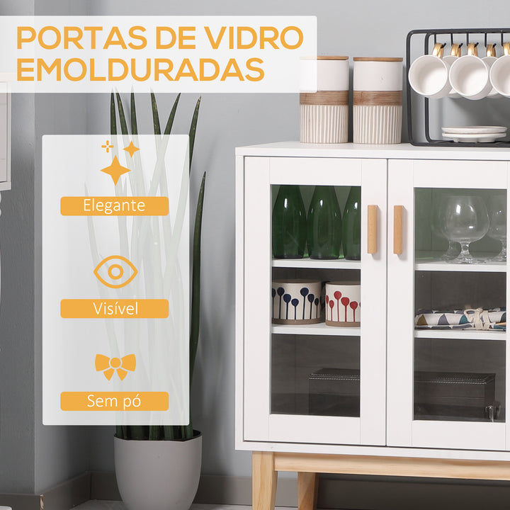 Aparador de Cozinha com 3 Portas de Vidro e Suporte para Garrafas em Forma de X para 4 Garrafas Móvel Buffet Auxiliar para Sala de Jantar Estilo Moderno Anti-Tombo 90x37x75cm Branco