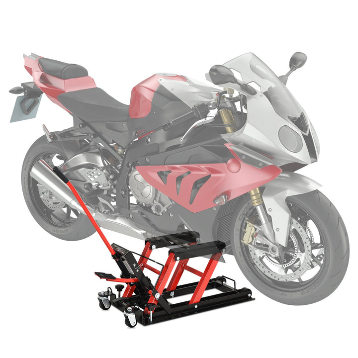 Macaco hidráulico de aço para motocicleta Suporte 680 kg 110x36x67 cm Preto e Vermelho