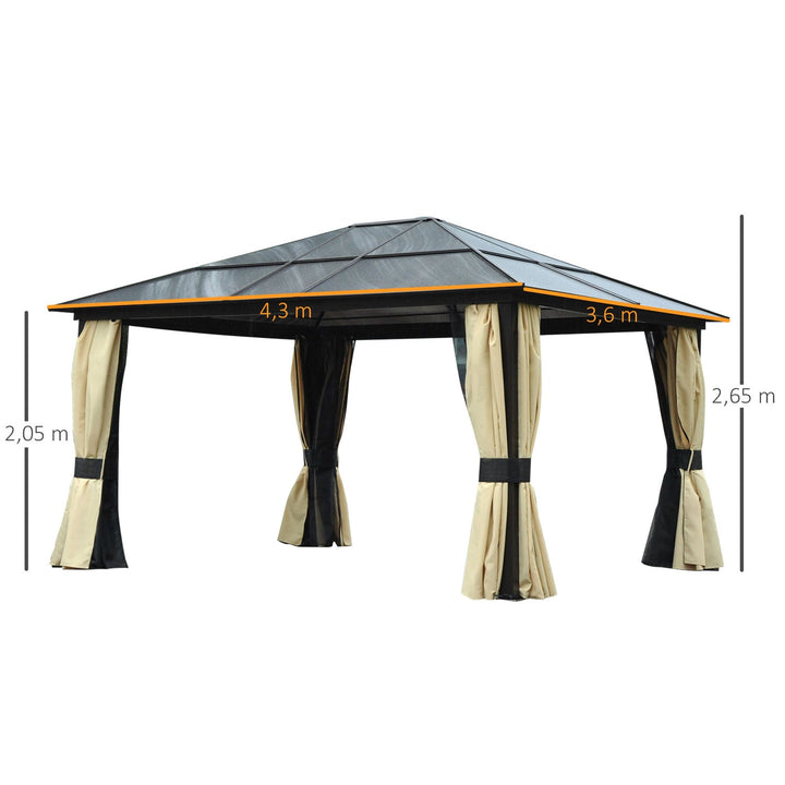 Pérgola de Jardim 4,3x3,6m Pérgola de Alumínio de Exterior com Teto de Policarbonato 4 Cortinas Laterais e 4 Telas Mosquiteiras com Zíper para Festas Eventos Marrom e Bege