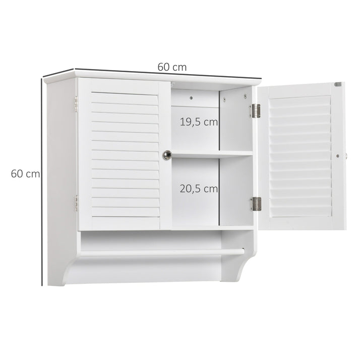 Kleanklin Armário Casa de Banho de Parede com 2 Portas de Persiana Prateleira Interior e Barra para Toalhas Móvel Auxiliar Suspenso Moderno Multiuso para Cozinha 60x23x60cm Branco