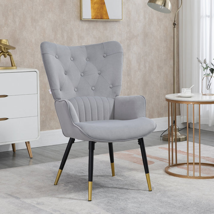 Poltrona Individual Poltrona Sala de Estar Estofada em Veludo com Encosto Alto Apoio para os Braços e Pés de Aço Estilo Moderno 68x72x103cm Cinza