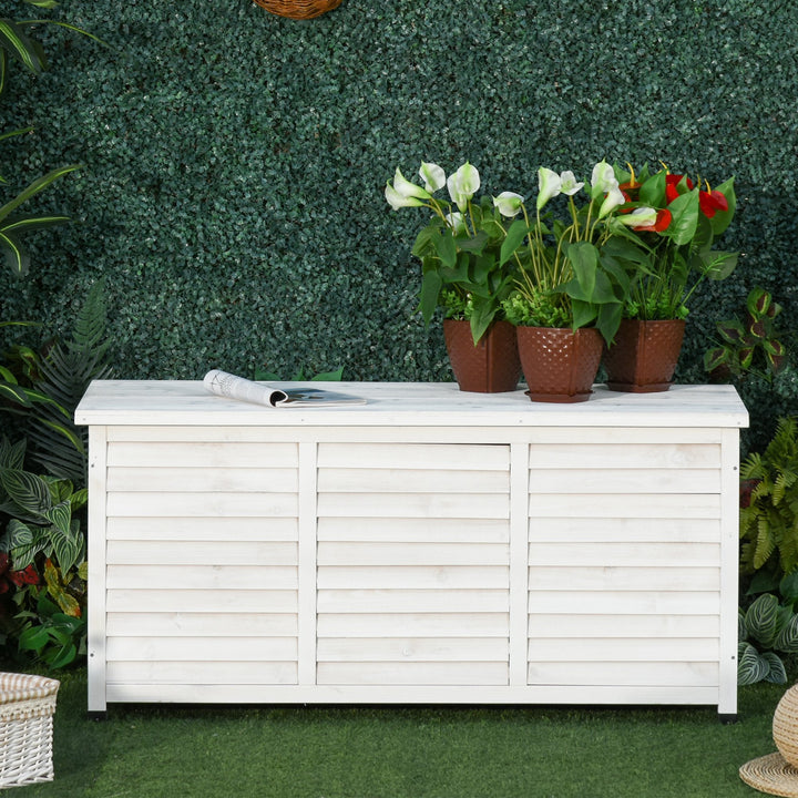 Baú de madeira ao ar livre Caixa de armazenamento de jardim com tampa que pode ser aberta 127x56x60 cm Branco