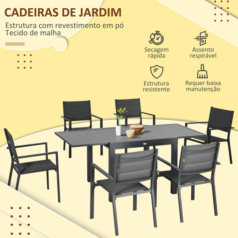 Conjunto de Móveis de Jardim 7 Peças Conjunto de Refeição de Exterior com Mesa Extensível e 6 Cadeiras Empilháveis com Estrutura de Alumínio e Assento de Textilene 90-180x89x74cm Cinza