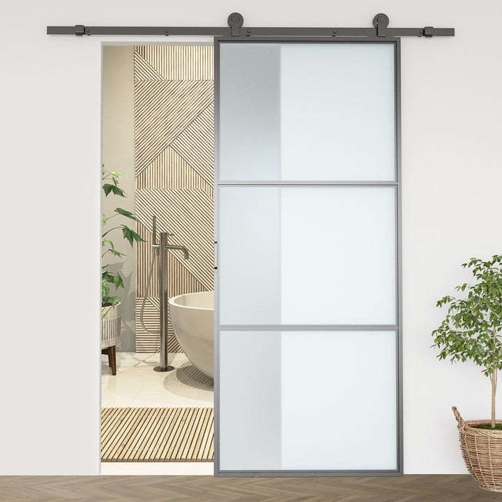 Ferragem para Porta de Correr 200cm Kit de Acessórios para Porta Corredeira com 2 Trilhos de Aço de Carbono Carga Máxima 100kg 200x40x0,6cm Preto