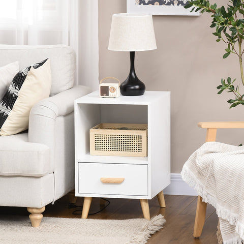 Mesa de Cabeceira Mesa Auxiliar Moderna com 1 Gaveta e Compartimento de Armazenamento para Dormitório Sala de Estar 40x40x62cm Branco e Madeira