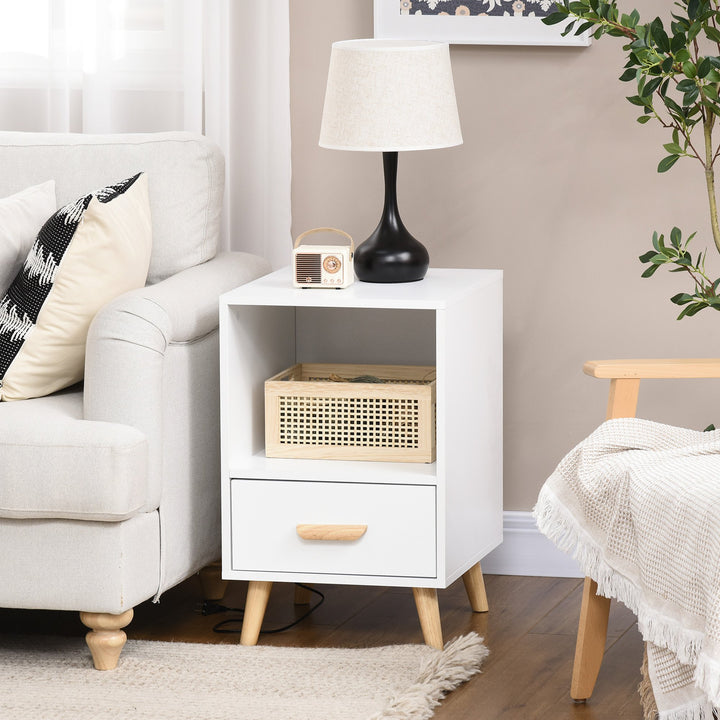 Mesa de Cabeceira Mesa Auxiliar Moderna com 1 Gaveta e Compartimento de Armazenamento para Dormitório Sala de Estar 40x40x62cm Branco e Madeira