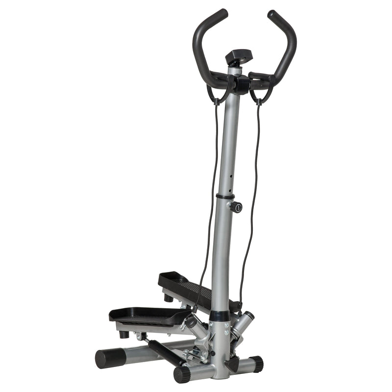 Máquina de Step Fitness com Guiador Ajustável em Altura Tela LCD Bandas Elásticas Pedais Antiderrapantes Equipamento de Exercício para Academia em Casa 55x53x118-128cm Prata