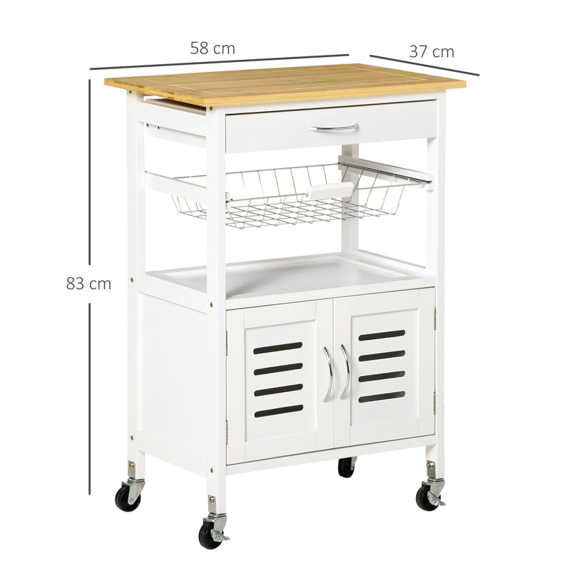 Carrinho de Cozinha com Rodas Carro de Armazenamento Multiúso com Bancada de Bambu Gaveta Cesta Metálica e Armário de 2 Portas de Persiana 58x37x83cm Branco