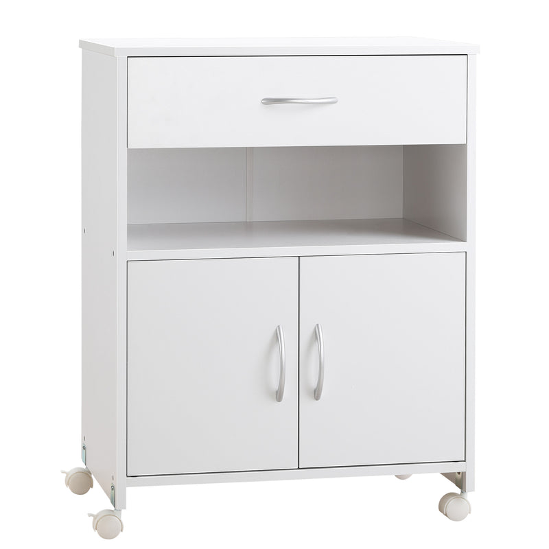 Armário para Impressora Móvel para Impressora com Rodas Gaveta 2 Portas e Compartimento Aberto para Sala de Estar Escritório Estúdio 60x39x80cm Branco