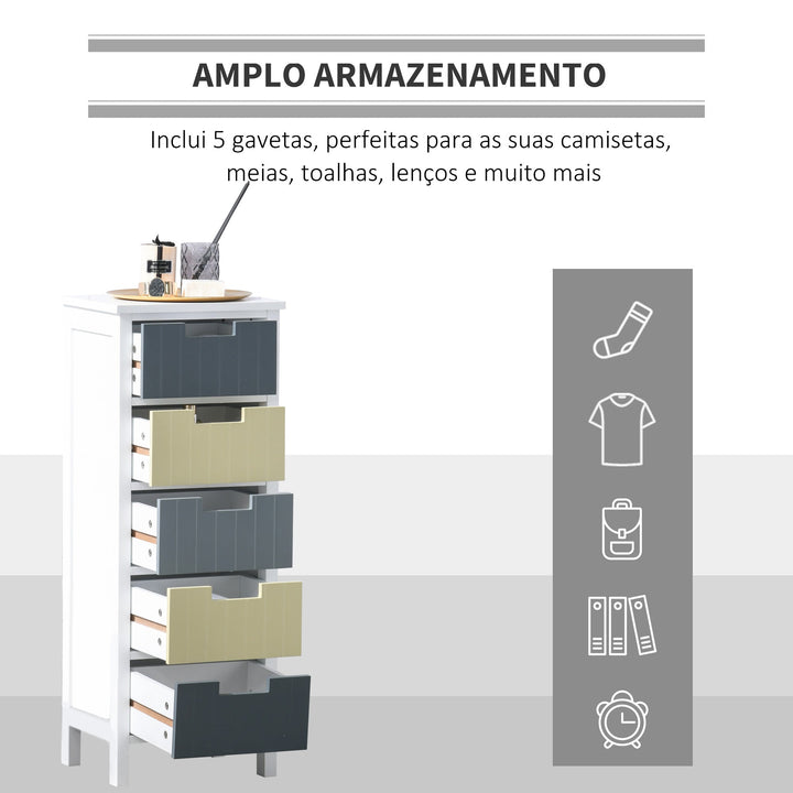 Cómoda de Madeira com 5 Gavetas Cómoda Auxiliar de Armazenamento com Pés Elevados Estilo Moderno para Dormitório Sala de Estar Casa de Banho 35x28x90,5cm Multicor