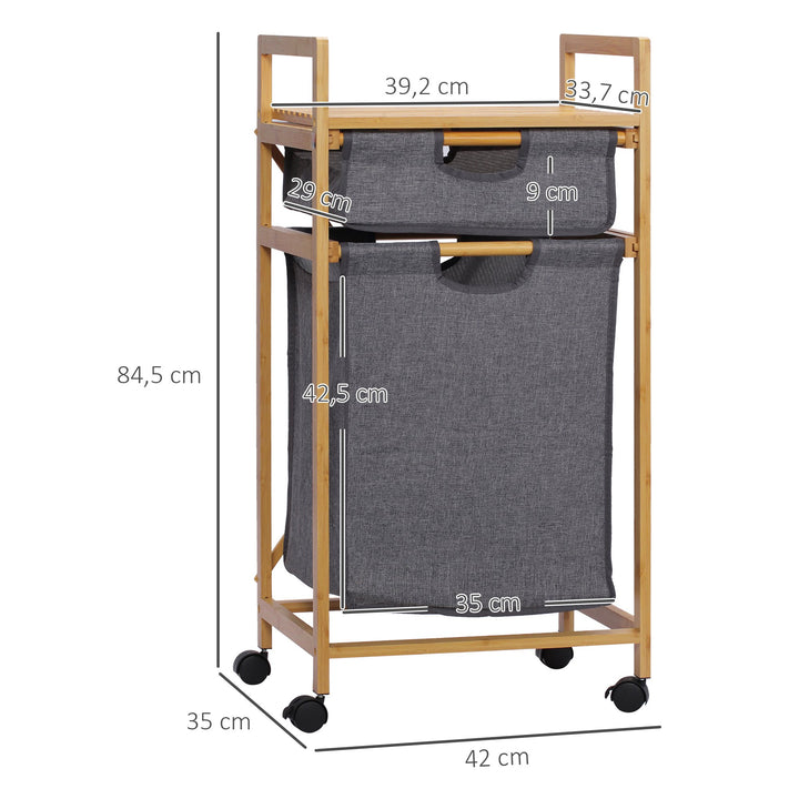 Cesto de Roupa Suja de Bambu Cesto de Roupa com 2 Bolsas de Tecido Amovíveis Prateleira Aberta 2 Alças Laterais 4 Rodas 42x35x84,5cm Cinza e Madeira