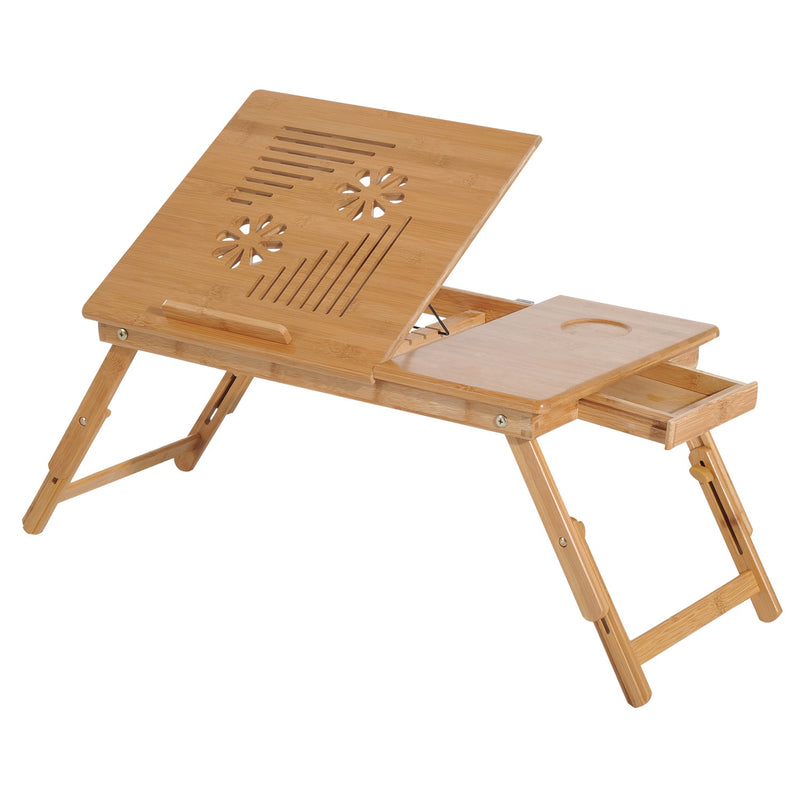 Mesa de Computador Portátil Bambu Dobrável Reclinado Altura ajustável Suporte Mesa de volta 1 Gaveta 55x35x22-30cm