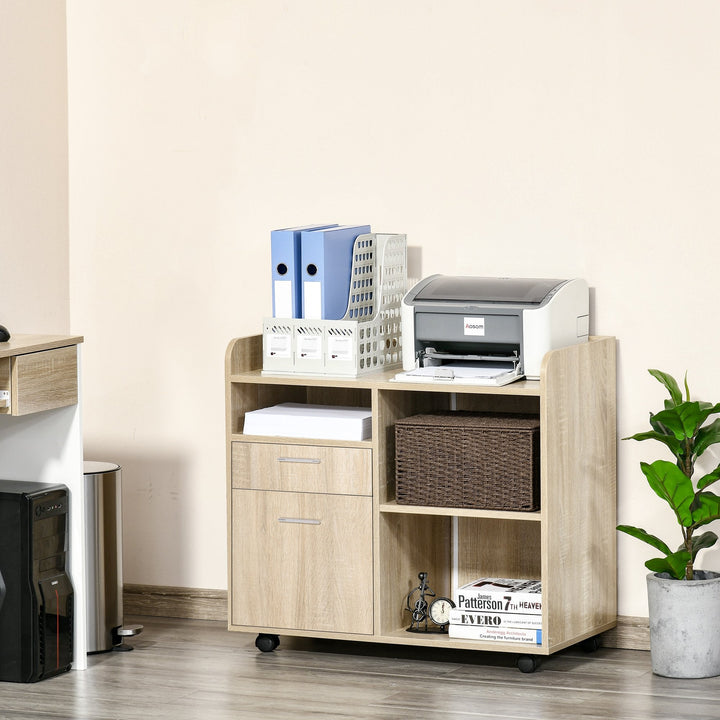 Armário para Impressora Armário Multifuncional de Escritório com 3 Compartimentos 2 Gavetas para Arquivos Prateleira Ajustável 2 Rodas com Freios 80x40x72cm Carvalho
