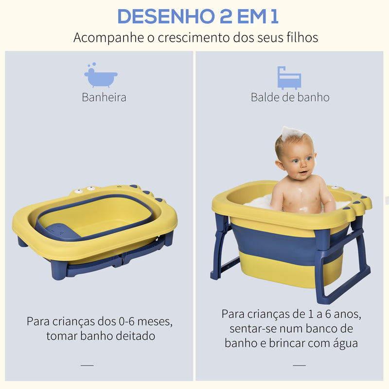 Banheira Dobrável para Bebé de 0-6 Anos Capacidade 105L Banheira Portátil para Crianças com Pés Antiderrapantes e Orifício de Drenagem Carga Máxima 50kg 75,3x55,4x43cm Amarelo e Azul